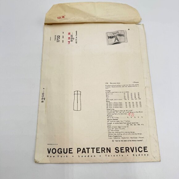 VOGUE PARIS Original w/Label 1960s Laroche Shift Slim Dress Pattern 1732 Size 14 - Picture 4 of 7